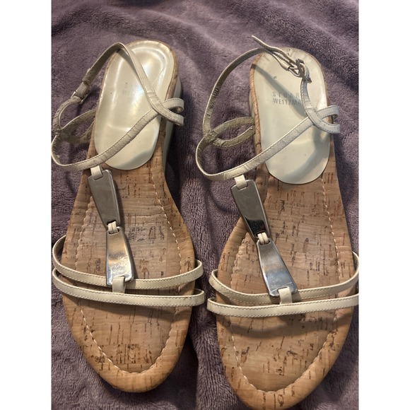 Stuart Weitzman Sandals Size 9.5 Beige Cork Thong Platform Strappy Summer - Picture 1 of 4